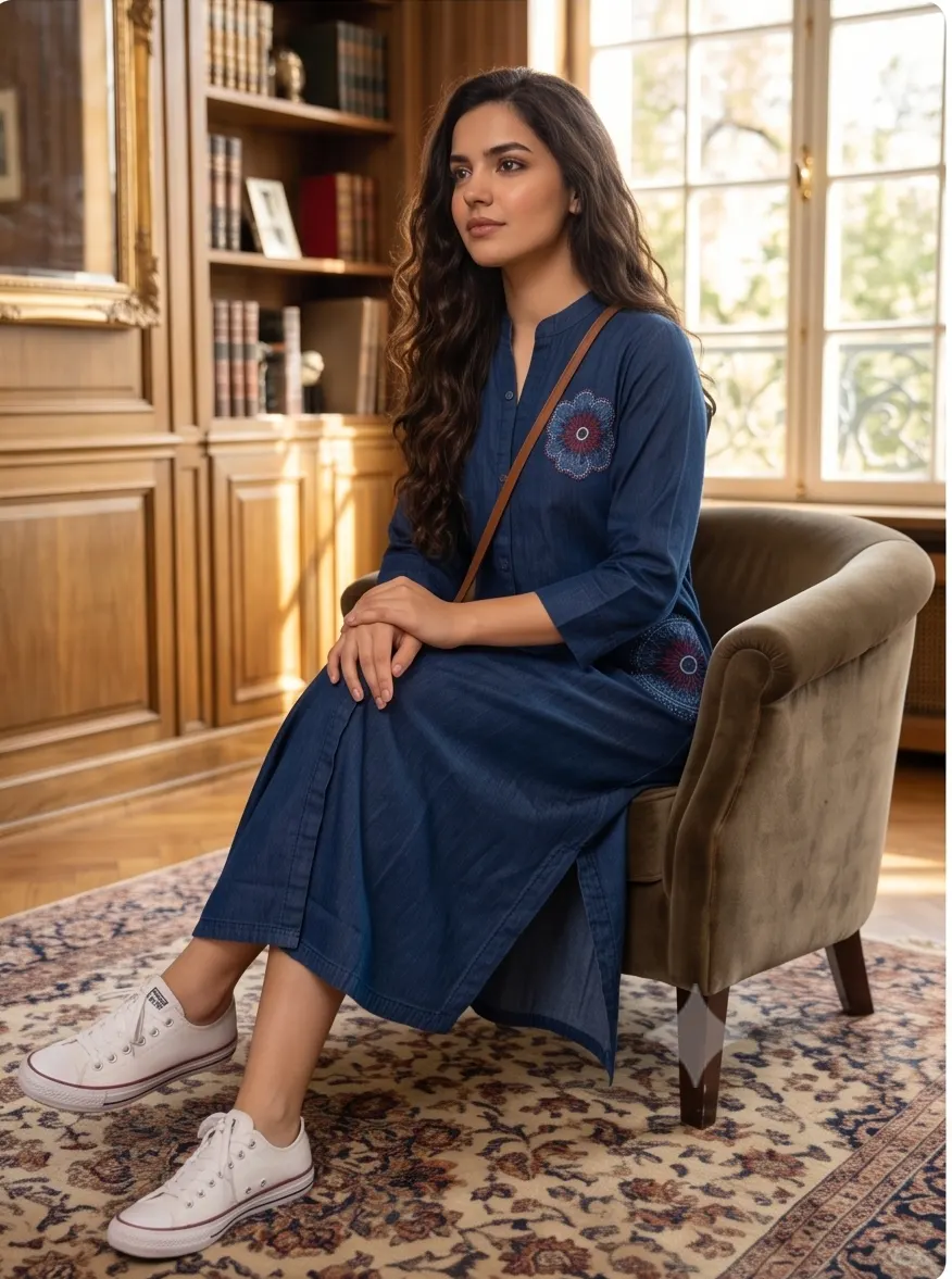 Indigo Blue Embroidered Shirt Dress