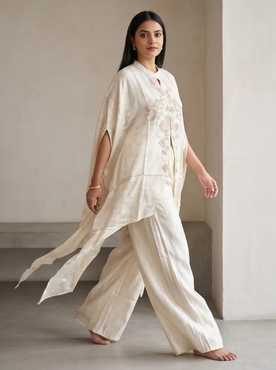 Ecru Silk Hand Embroidered Asymmetric Cape Set