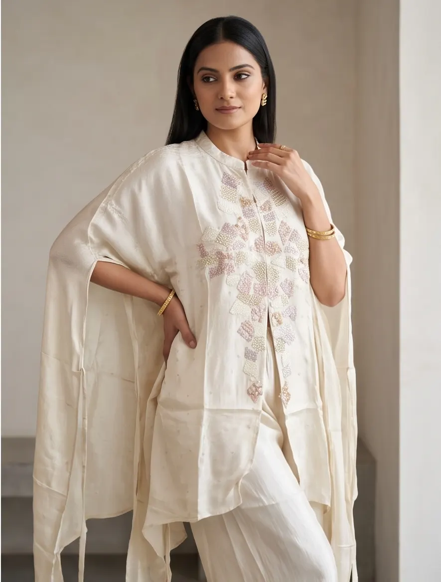 Ecru Silk Hand Embroidered Asymmetric Cape Set