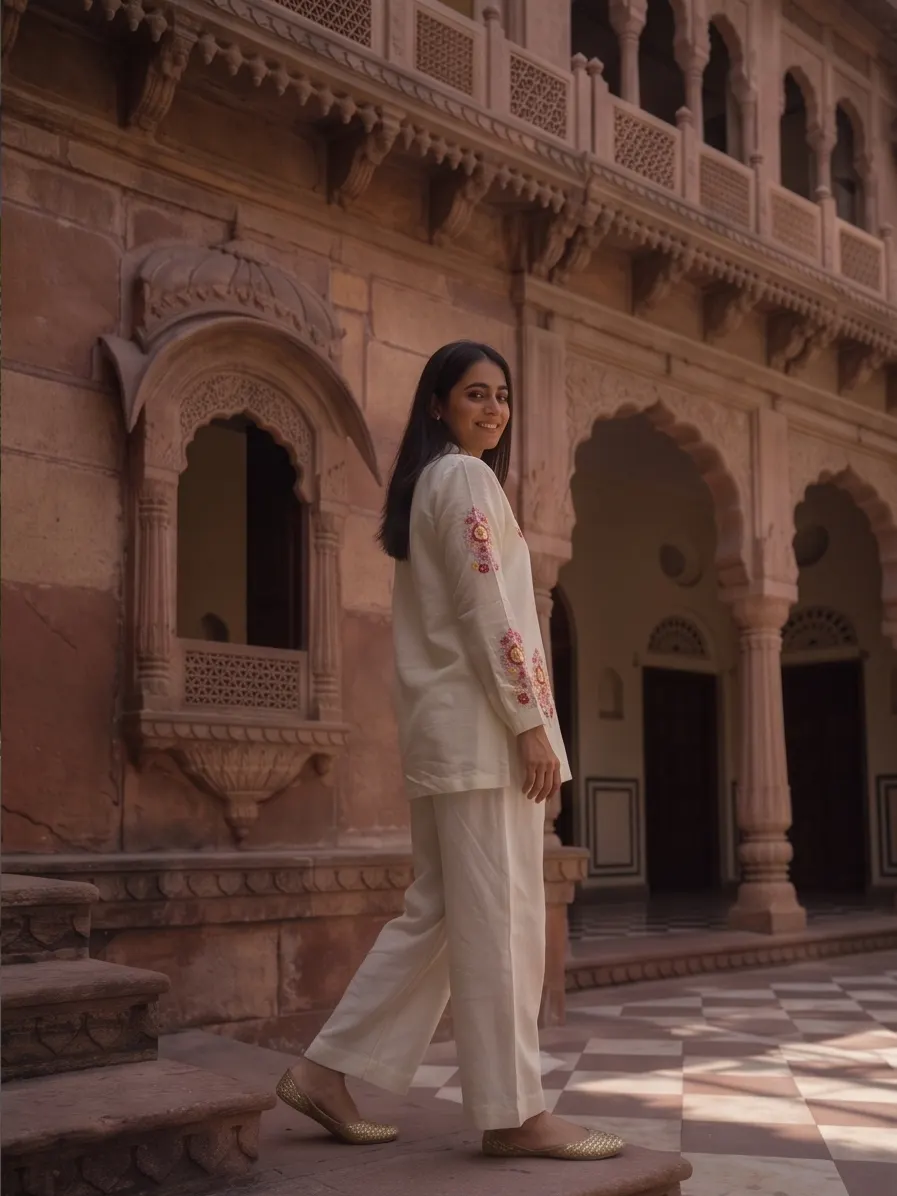 Off-White Cotton-Silk Tunic and Straight Trouser Co-Ord Set with Embroidered Floral Sleeves