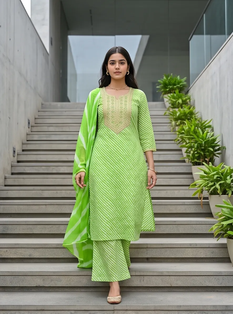 Basant Green Leheriya Handcrafted Suit Set