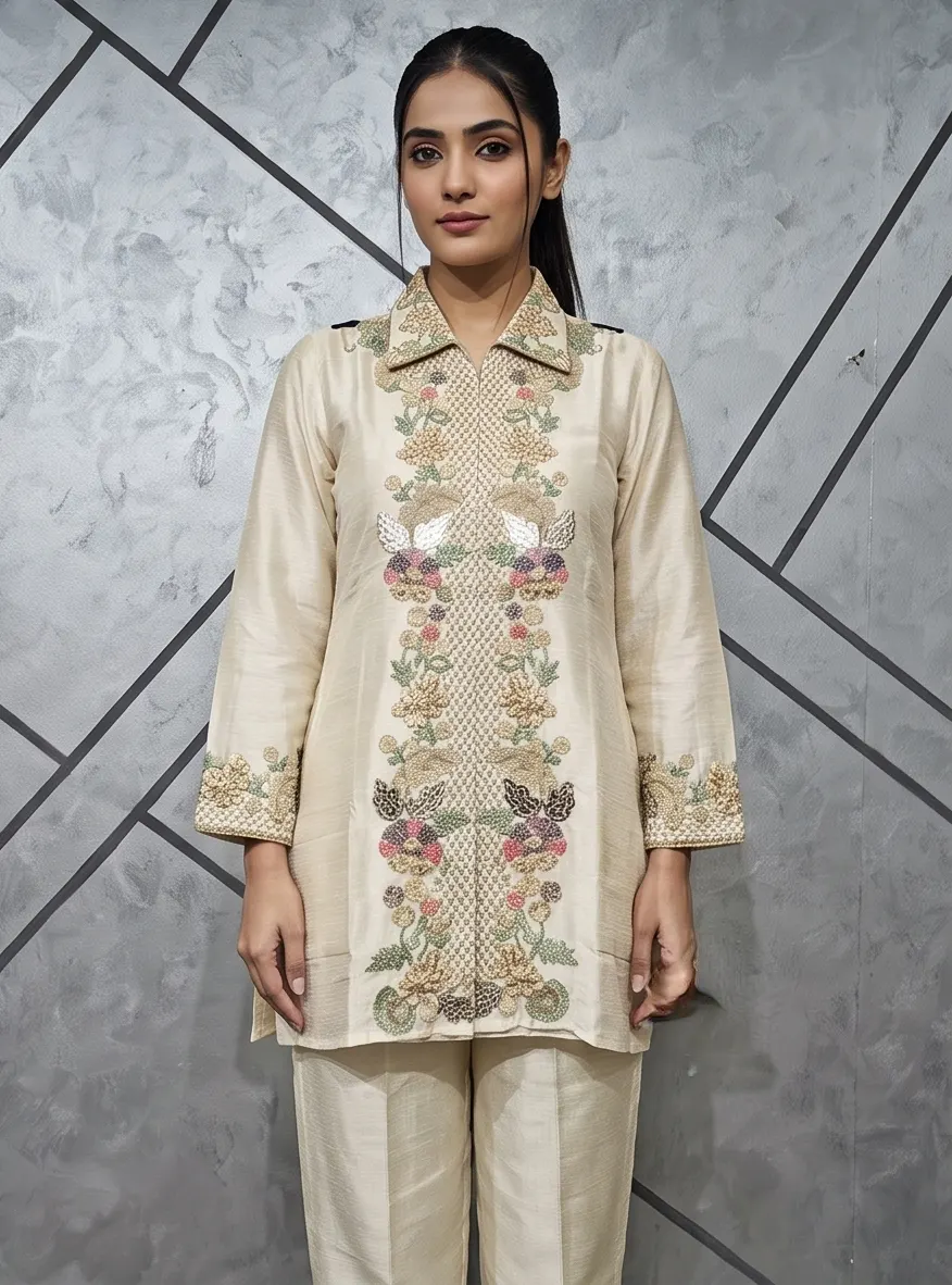 Beige Floral Embroidered Silk Blend Collar Neck Kurta and Pant Co-ord Set