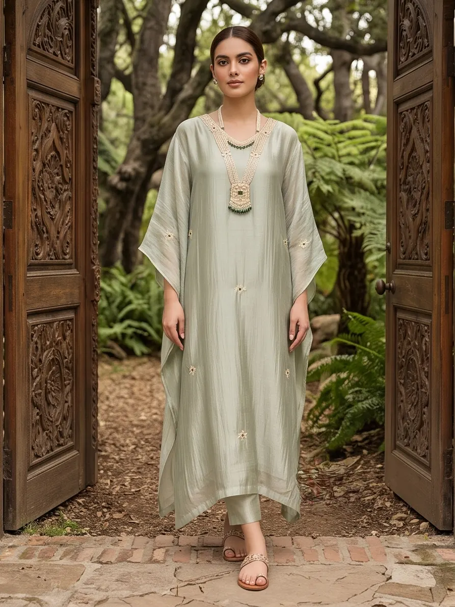 Sage Green Sheer Kaftan Set