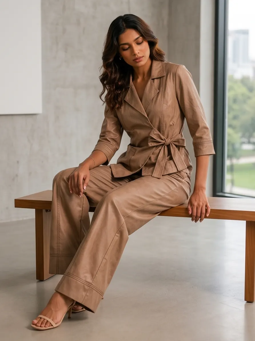 Camel Brown Faux Suede / Twill Wrap Blazer & Wide-Leg Trouser Co-ord Set (2-Piece Set)