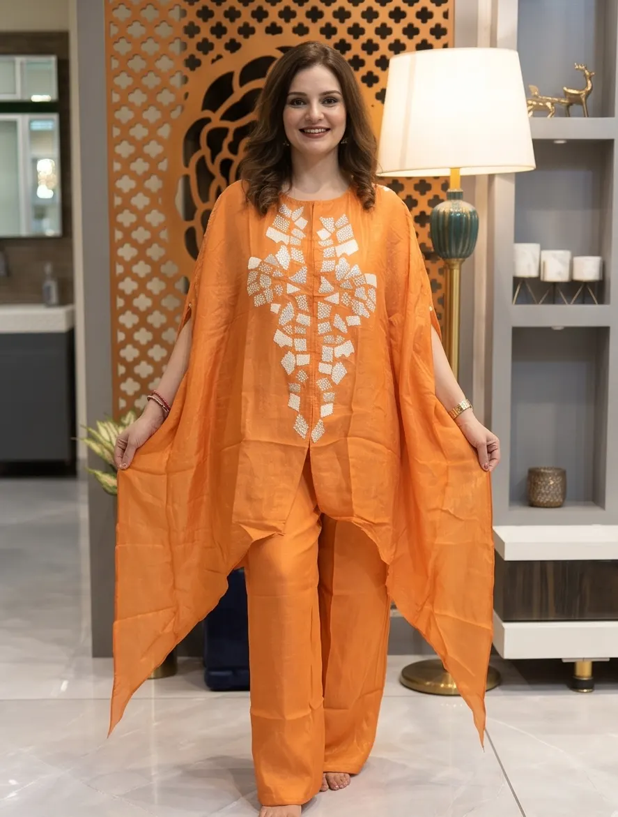 Ecru Silk Hand Embroidered Asymmetric Cape Set