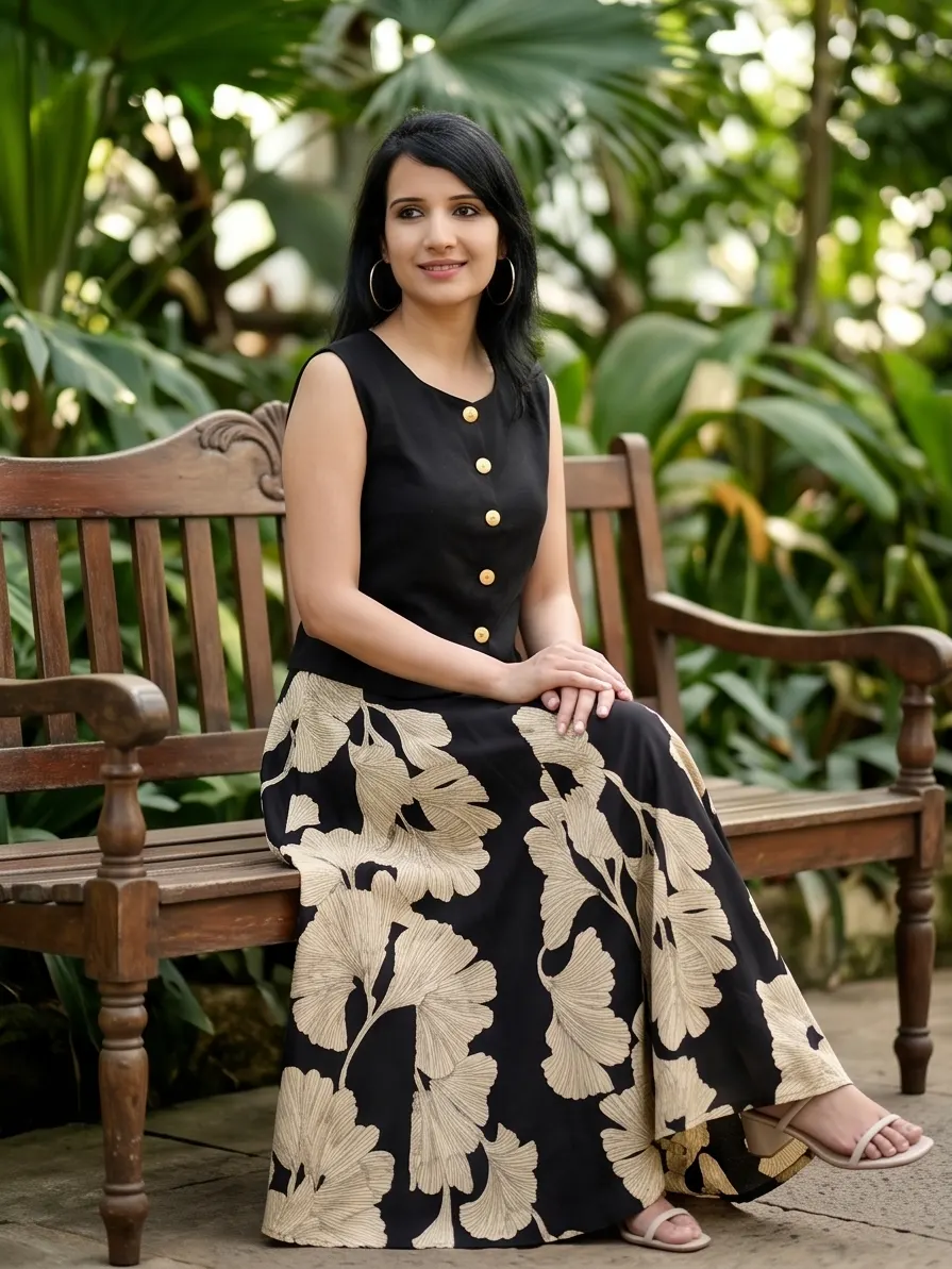 Black Sleeveless Waistcoat and Flared Skirt Co-ord Set