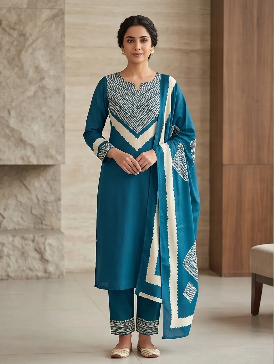 Teal Blue Hand-Embroidered