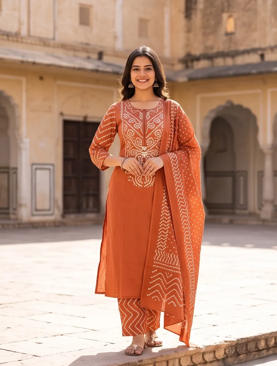 Rust Orange Bandhani Print Kurta Pant Set with Dupatta