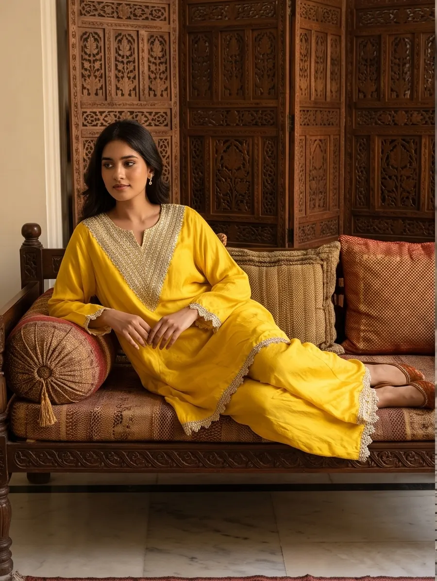 Bright Yellow Asymmetric Kurta and Wide-Leg Palazzo Set with Lace Borders