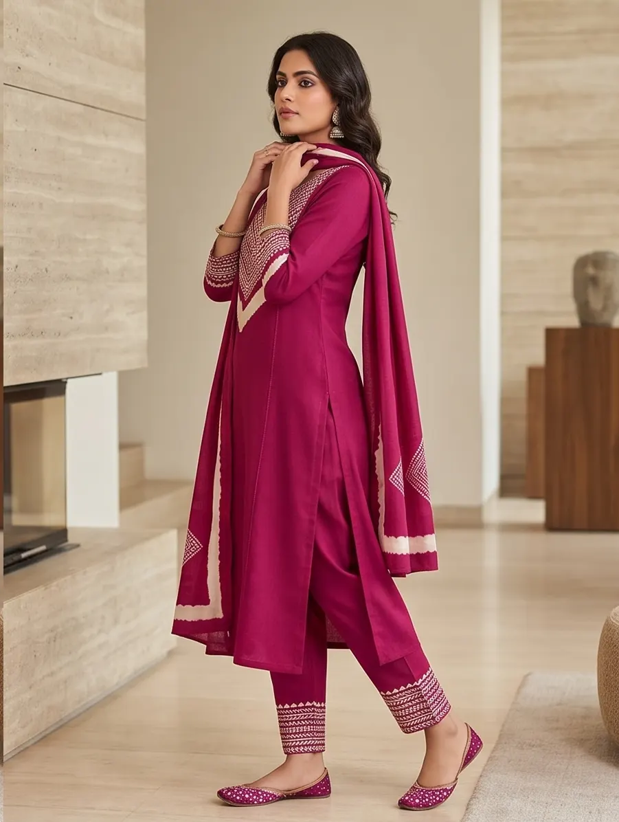 Deep Pink Hand-Embroidered & Shibori Silk Kurta Set
