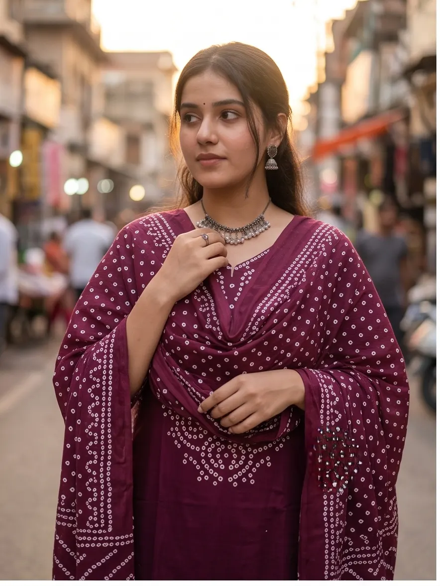 Riwaaz Wine Bandhani Handcrafted Suit Set