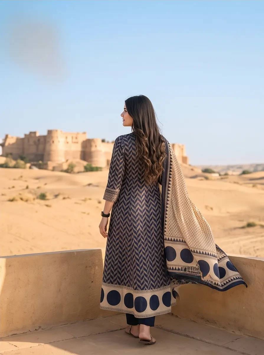 Navy Blue Chevron Print Kurta Set with Dupatta