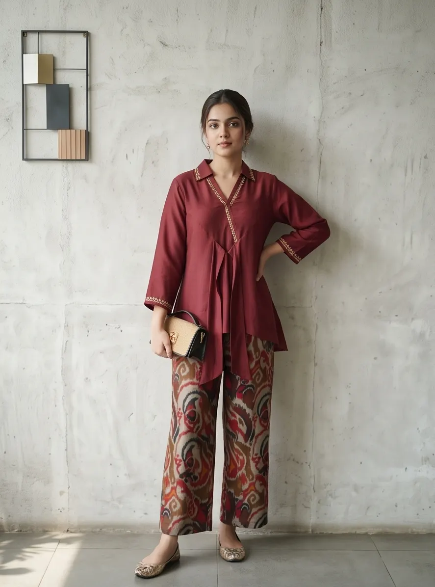 Maroon / Wine Tunic with Ikat Print Pants Co-ord Set