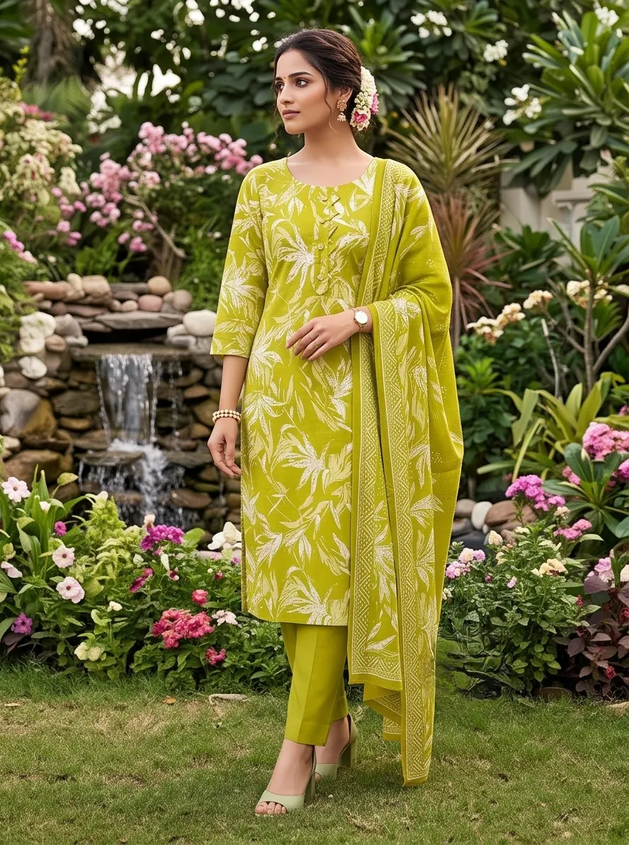 Lime Green Floral Print Pure Cotton Straight Kurta Pant Set with Dupatta