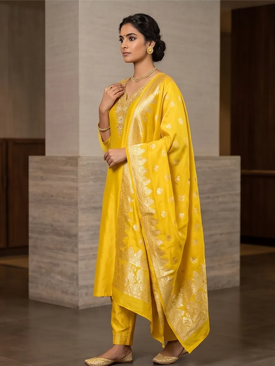 Haldi Yellow Hand-Embroidered Chanderi Kurta Set with Banarasi Brocade Dupatta