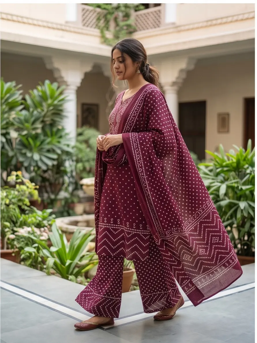 Riwaaz Wine Bandhani Handcrafted Suit Set