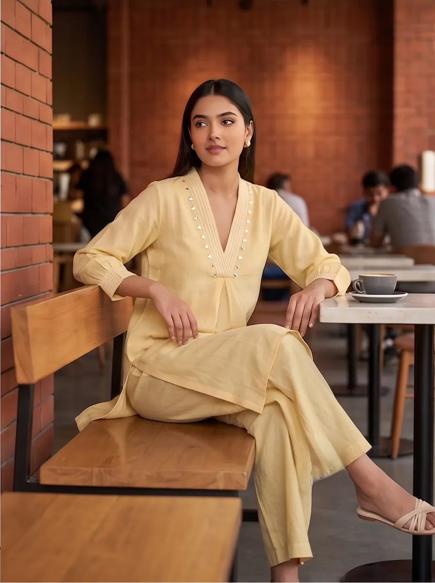 Butter Yellow: Pastel Yellow Linen V-Neck Pleated Tunic Kurti with Wide-Leg Palazzo Co-ord Set