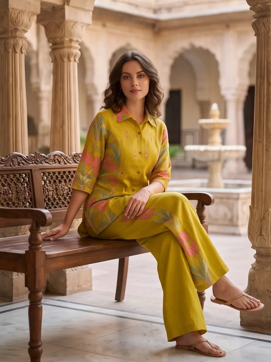 Lime Green Floral Printed Shirt Collar Kurta and Trouser Co-ord Set