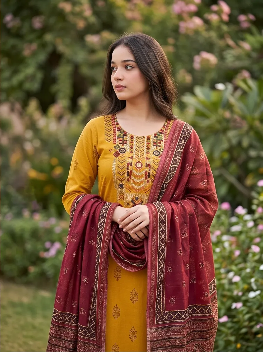 Mustard Yellow Printed Kurta Pant Set with Dupatta