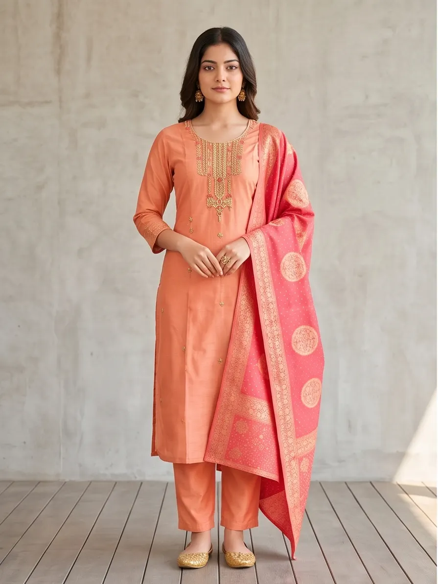 Peach Embroidered Silk Kurta Pant Set with Banarasi Dupatta