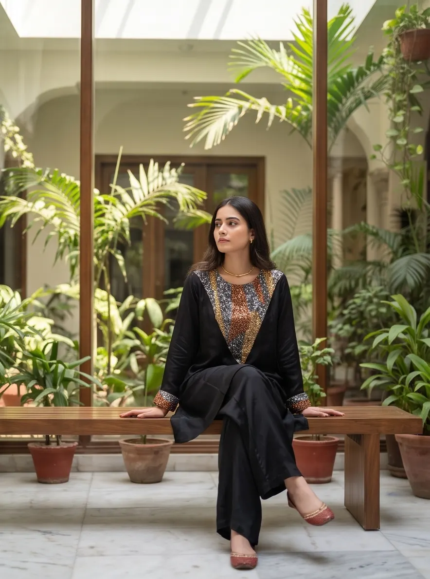 Black Hand-Embroidered V-Neck A-Line Short Kurti with Wide-Leg Palazzo Co-ord Set