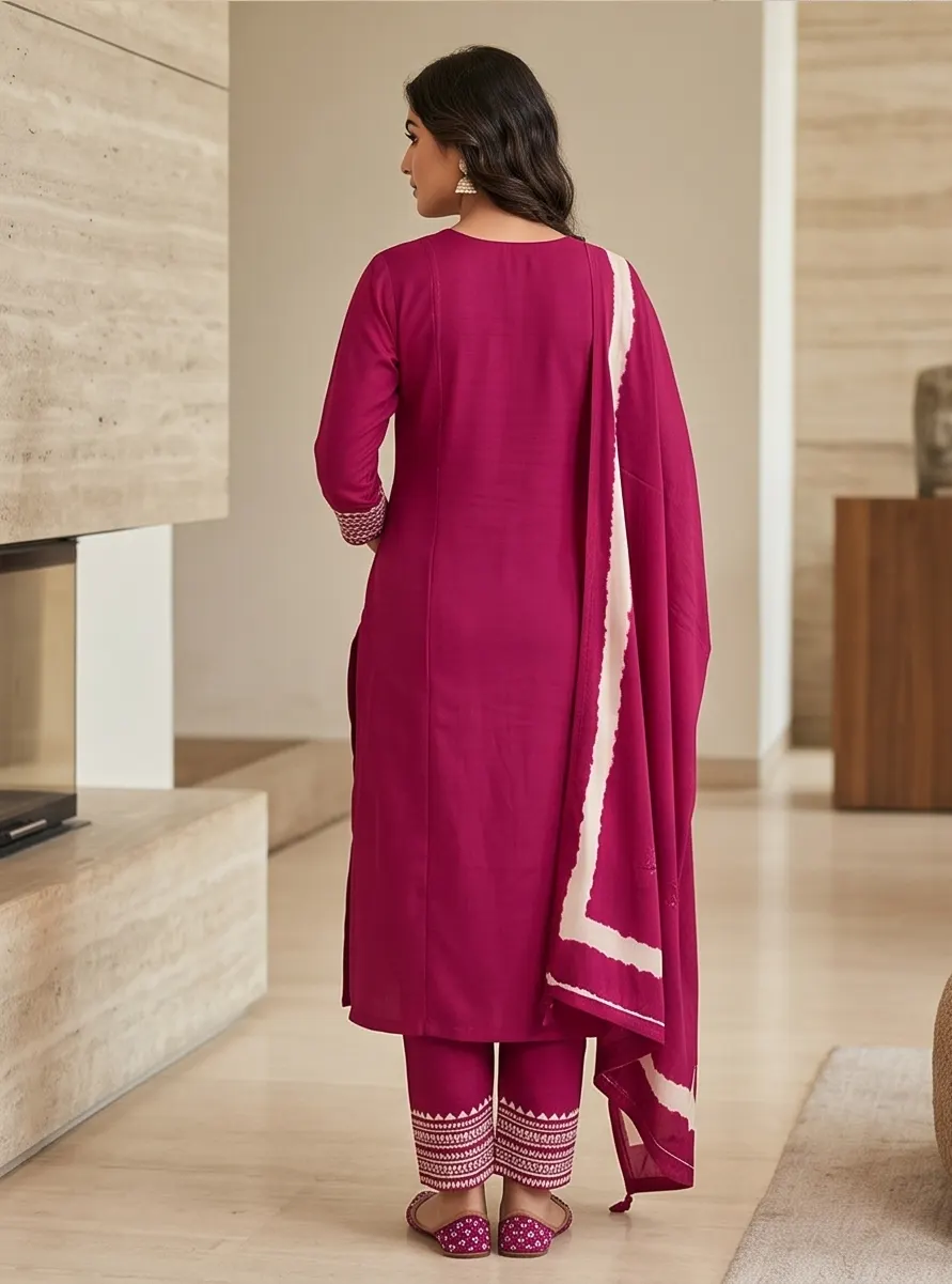 Deep Pink Hand-Embroidered & Shibori Silk Kurta Set