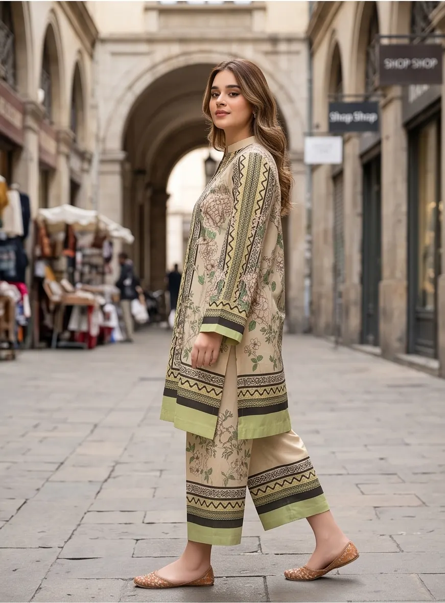 Beige & Olive Floral Printed Lawn 2-Piece Kurta Pant Set  Botanical Print Cotton Co-ord Set – Straight Kurti with Trouse