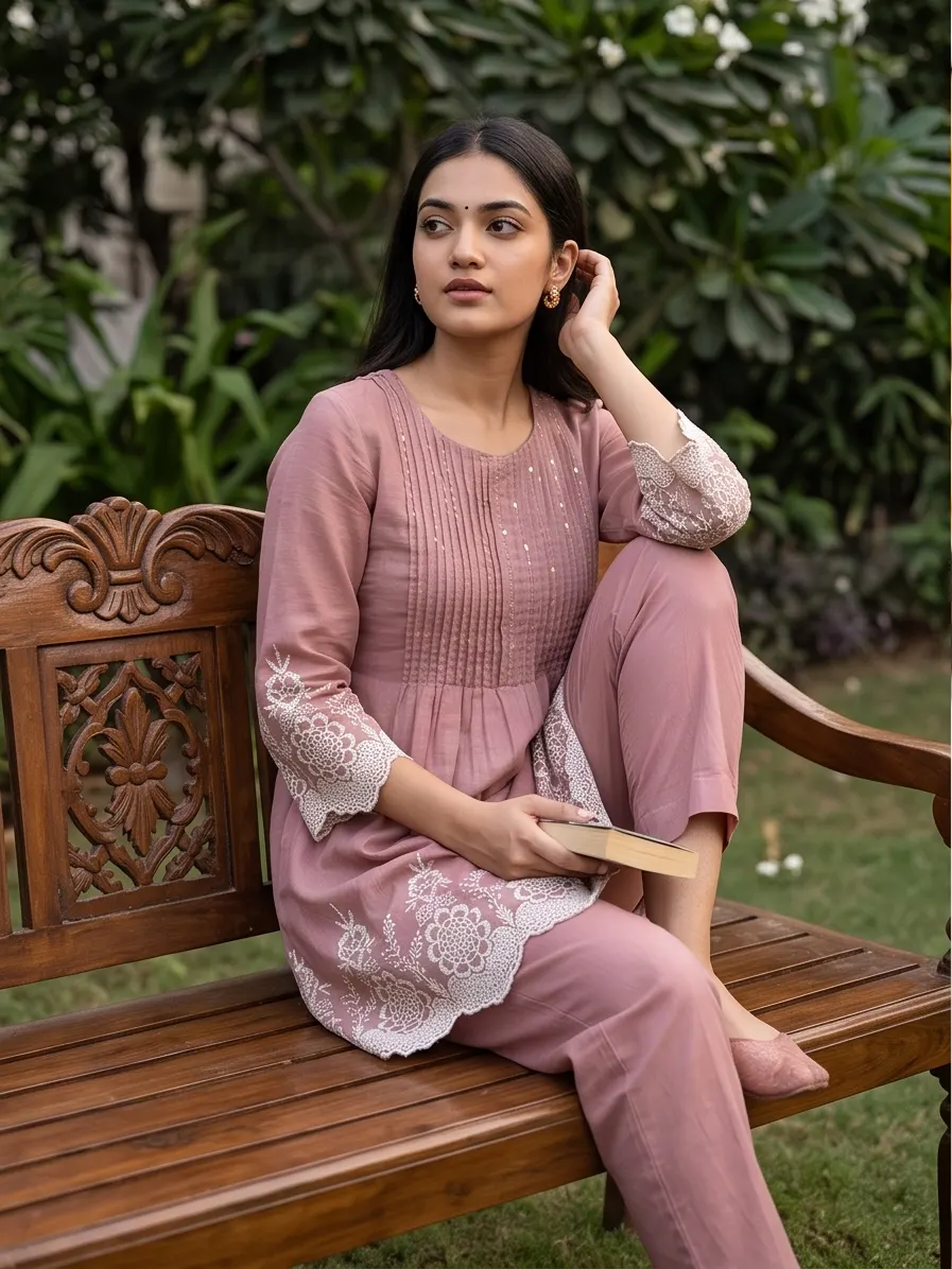Onion Pink Cutwork Embroidered Tunic & Pant Co-ord Set
