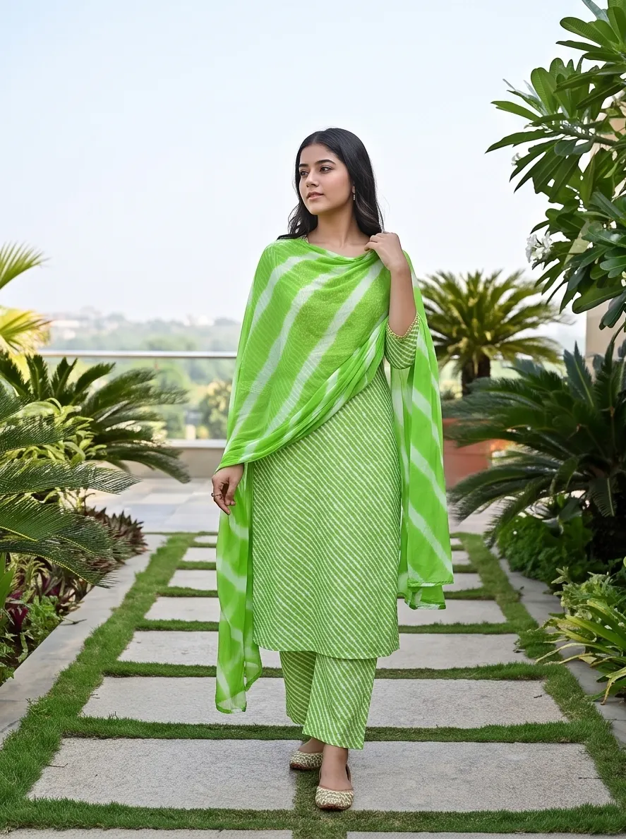 Basant Green Leheriya Handcrafted Suit Set