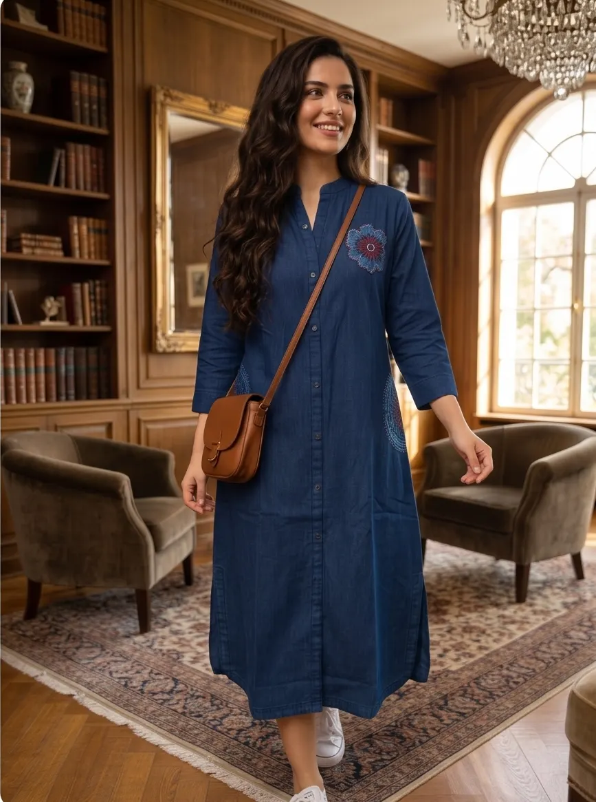 Indigo Blue Embroidered Shirt Dress