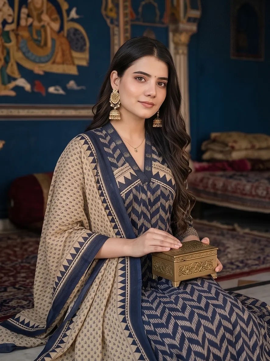 Navy Blue Chevron Print Kurta Set with Dupatta