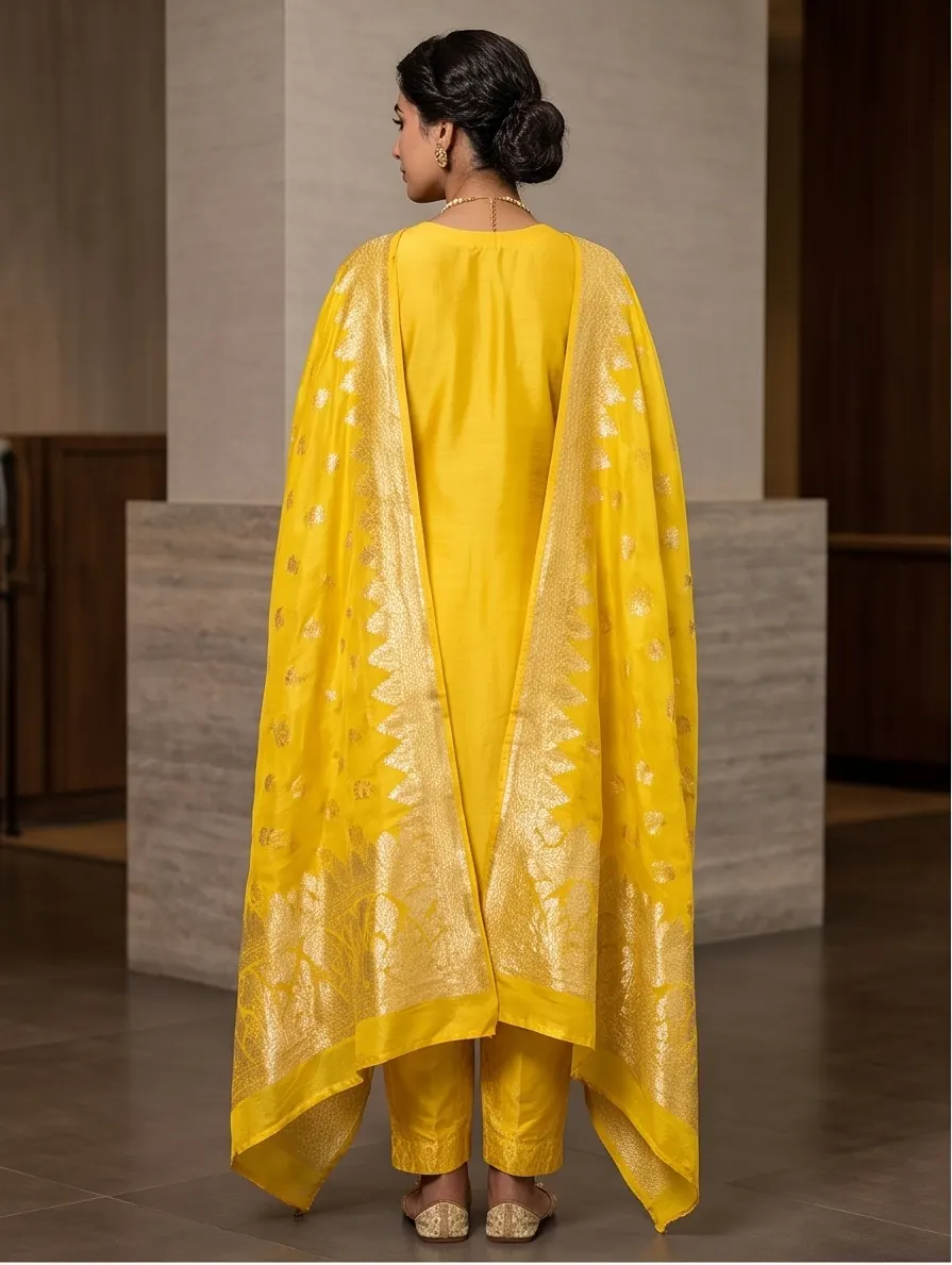 Haldi Yellow Hand-Embroidered Chanderi Kurta Set with Banarasi Brocade Dupatta