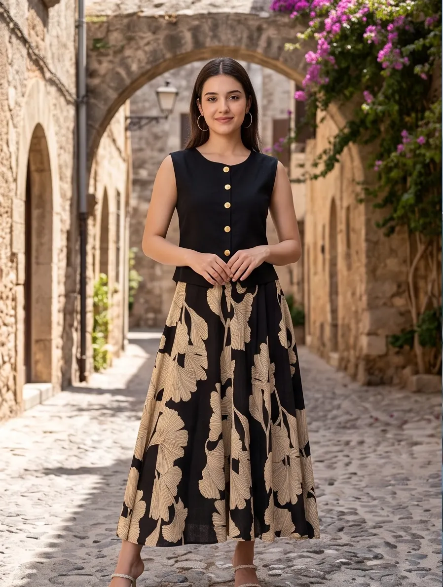 Black Sleeveless Waistcoat and Flared Skirt Co-ord Set