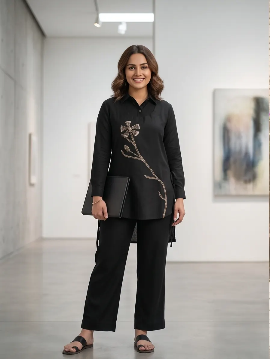 Black Embroidered Shirt-Style Co-ord Set