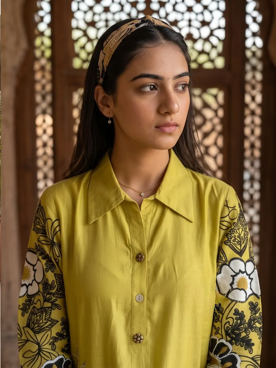 Lime Green Raw Silk Embroidered Short Kurta and Flared Palazzo 2-Piece Co-Ord Set