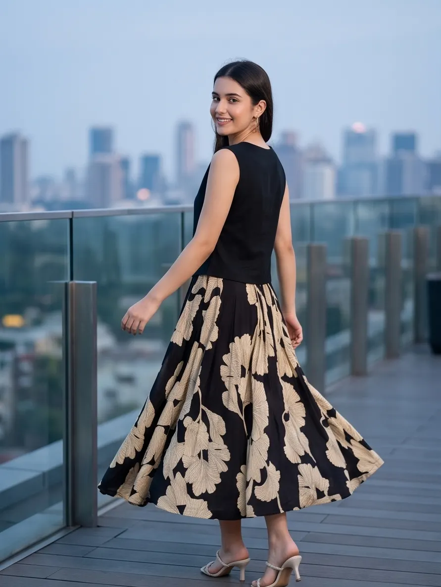 Black Sleeveless Waistcoat and Flared Skirt Co-ord Set