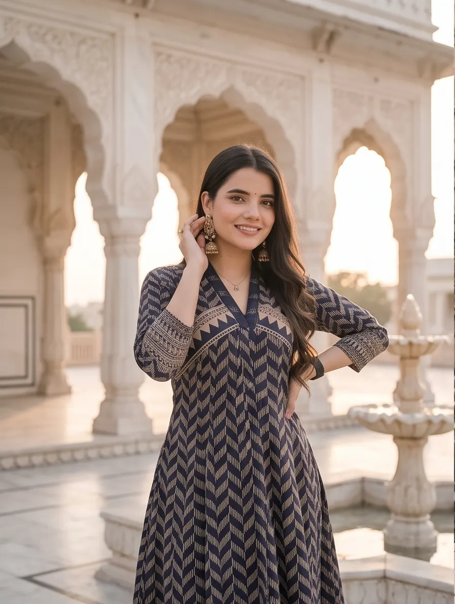 Navy Blue Chevron Print Kurta Set with Dupatta