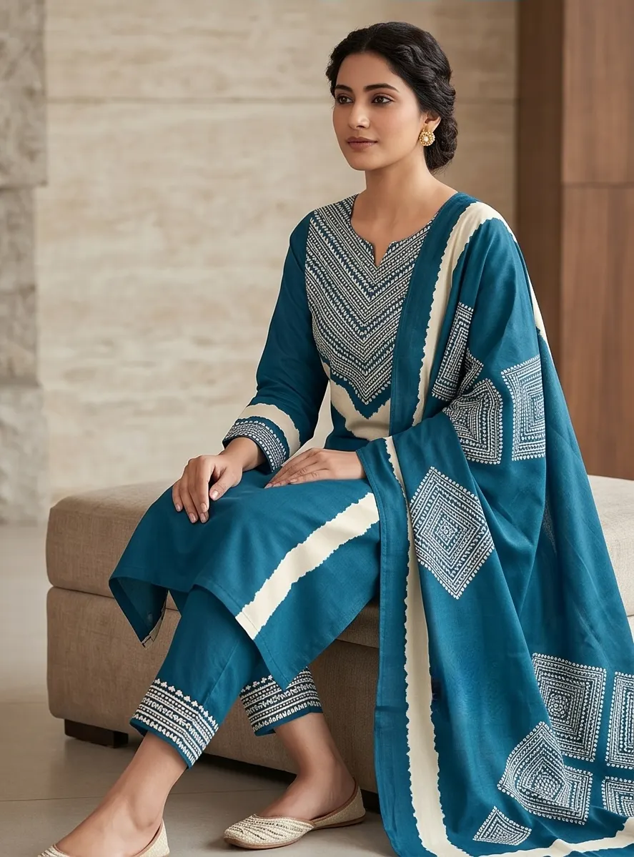 Teal Blue Hand-Embroidered