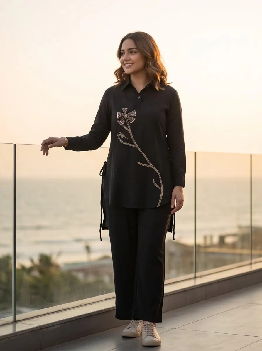 Black Embroidered Shirt-Style Co-ord Set