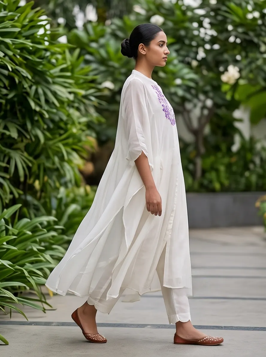 Off-White Floral Embroidered Flared A-Line Kurta and Pant Set