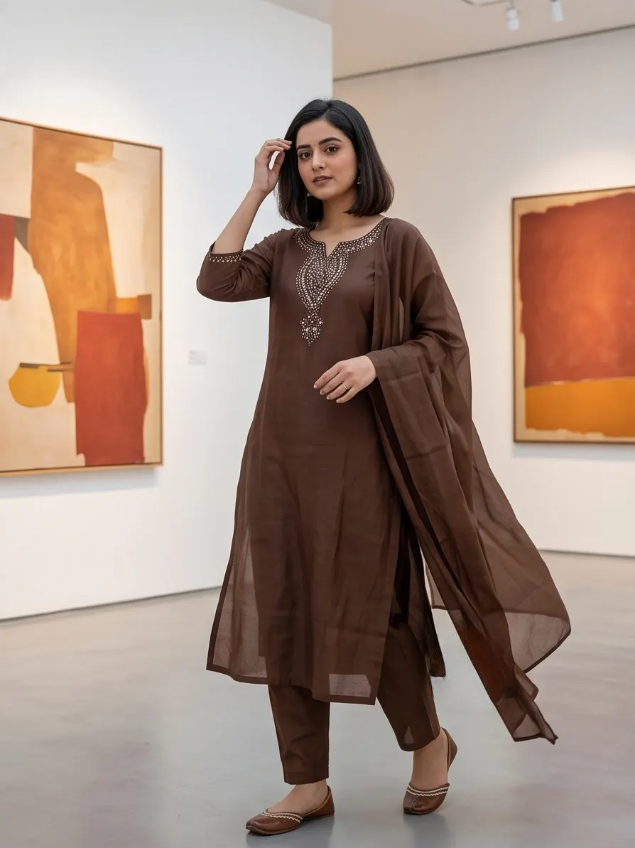 Coffee Brown Zari Embroidered Chanderi Silk Straight Kurta Pant Set with Dupatta