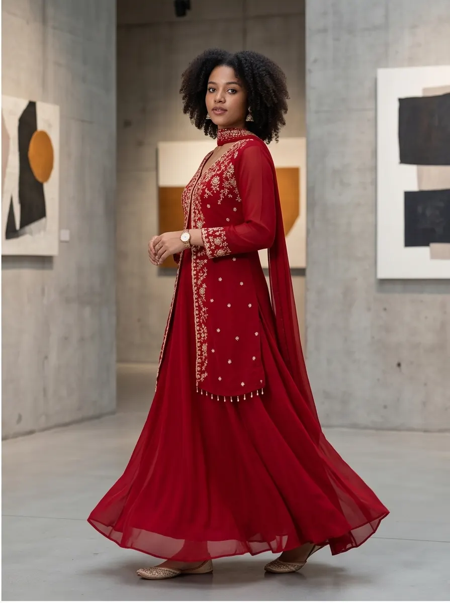 Maroon Embroidered Georgette Jacket Style Anarkali Kurta Set with Dupatta