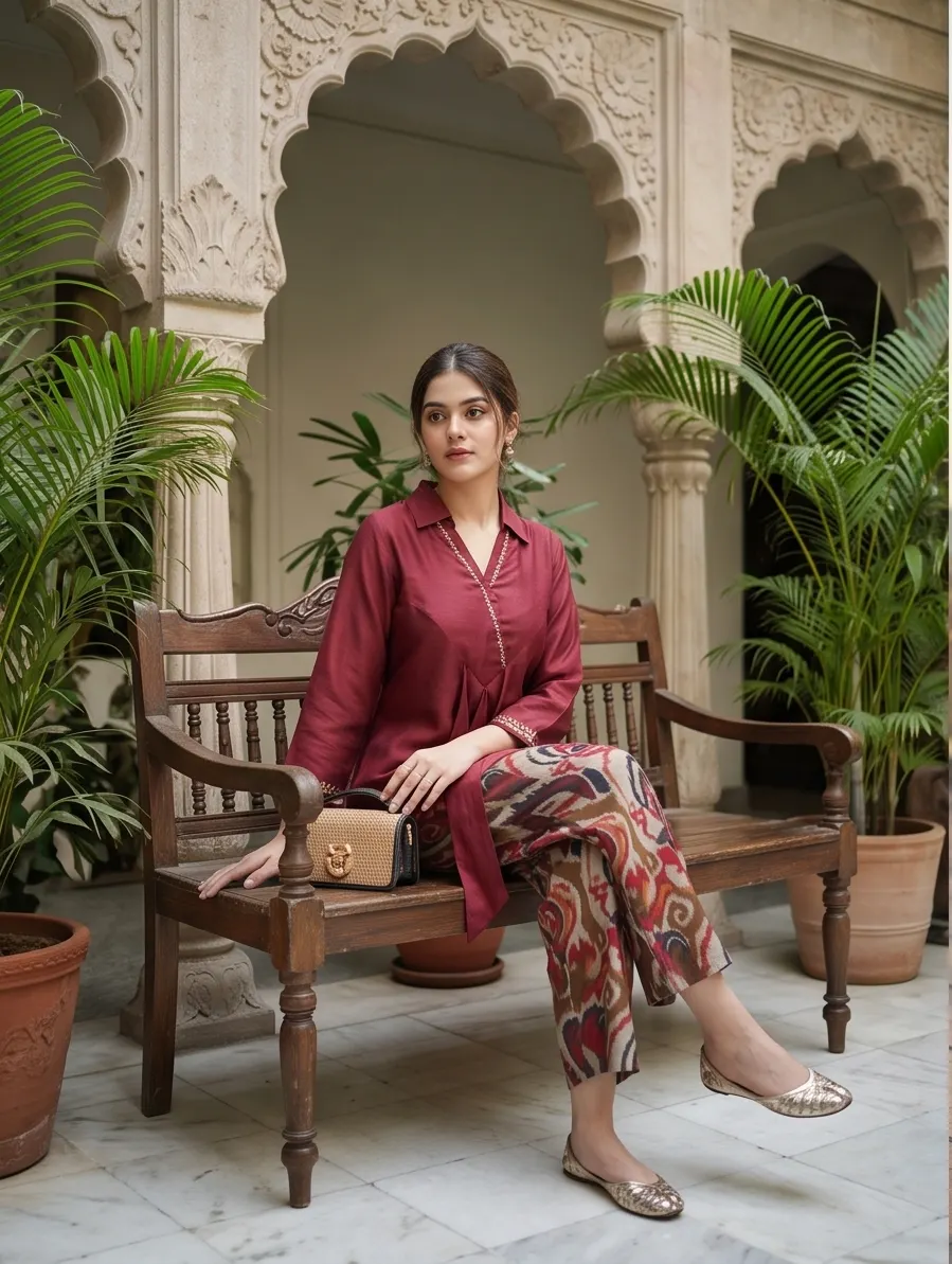 Maroon / Wine Tunic with Ikat Print Pants Co-ord Set