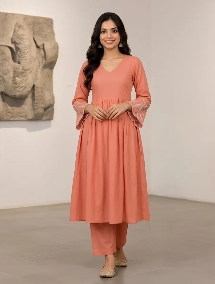 Peach Pink Gathered A-Line Kurta and Pant Set with Embroidered Bell Sleeves