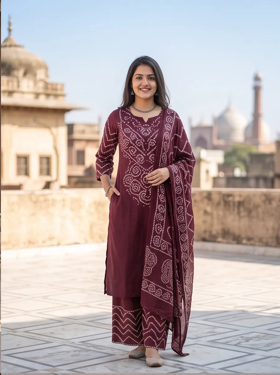 Bandhani Print Kurta Pant Set with Dupatta