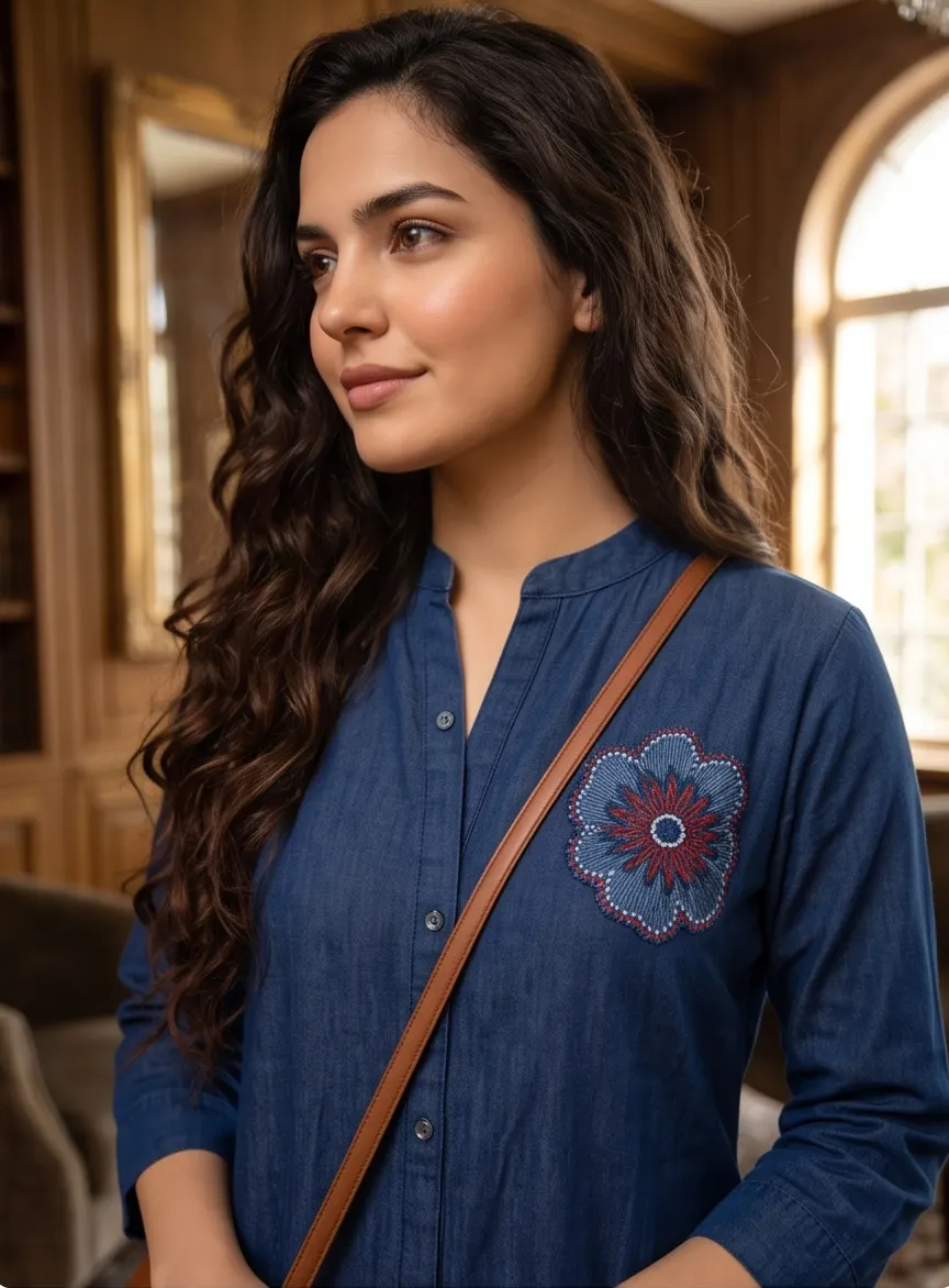 Indigo Blue Embroidered Shirt Dress