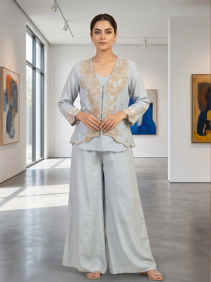 Powder Blue Embroidered Short Jacket and Flared Palazzo 3-Piece Co-Ord Set