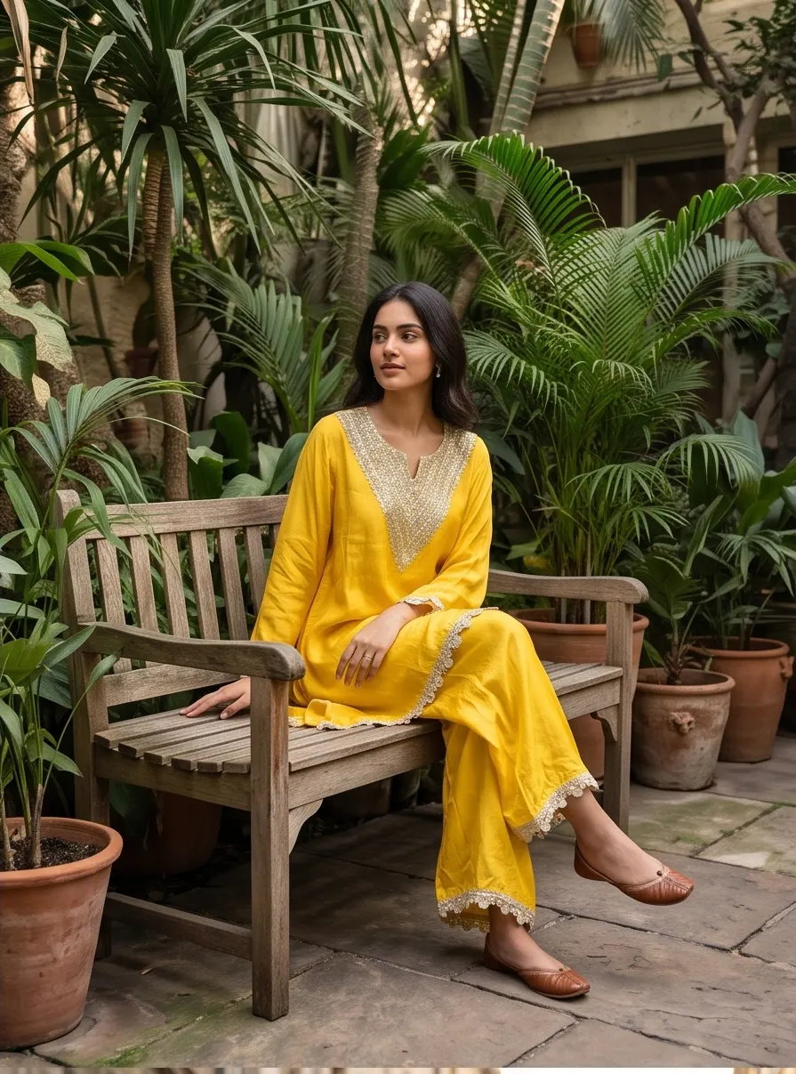 Bright Yellow Asymmetric Kurta and Wide-Leg Palazzo Set with Lace Borders