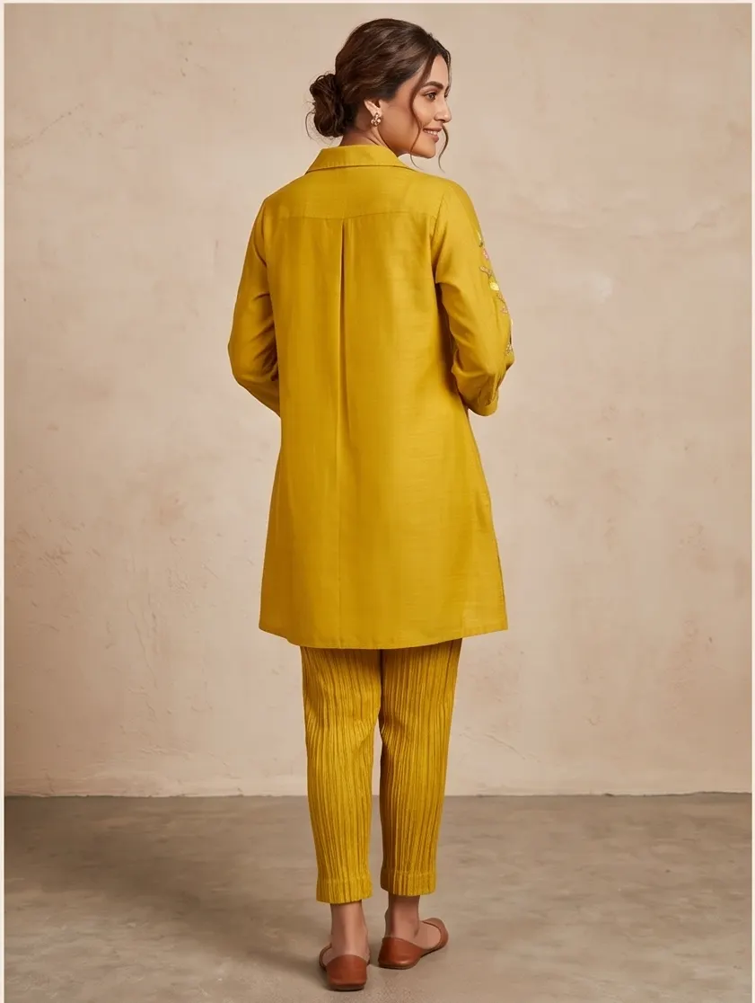 Mustard Yellow Floral Embroidered Shirt Collar Co-ord Set