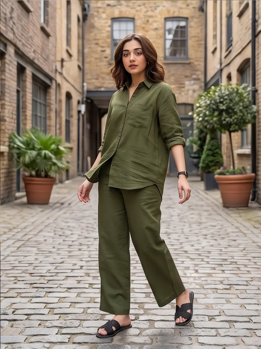 Olive Green: Olive Green Cotton-Linen Button-Down Shirt and Relaxed Wide-Leg Lounge Co-ord Set